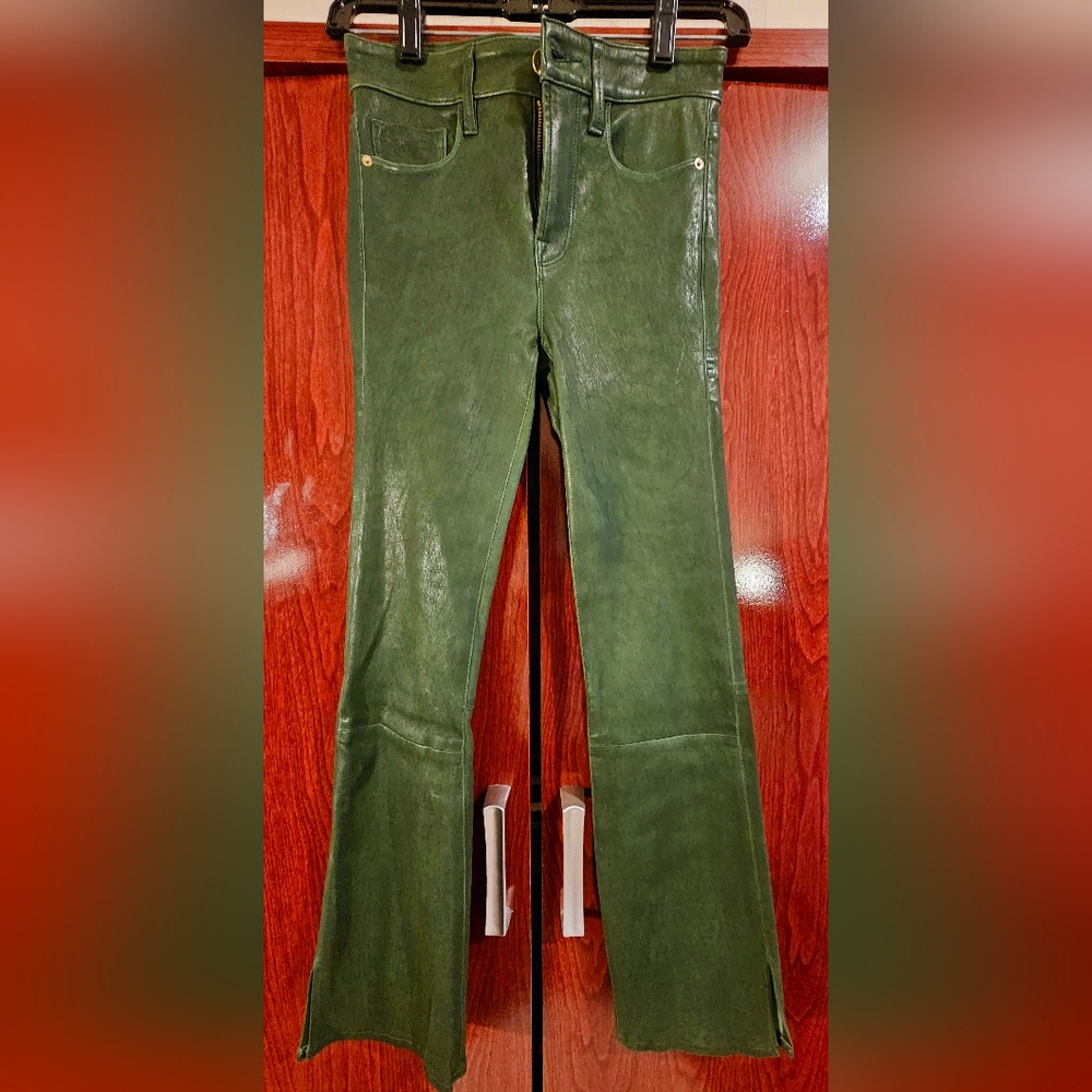 FRAME Le Crop Mini Boot Leather Pants in Pine (dark green